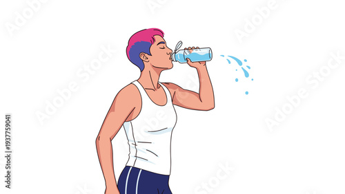 Athletic person with vibrant pink and blue hair drinking fresh water from a glass bottle to stay hydrated during a workout.