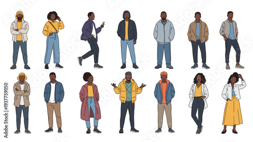 Large set of diverse black men and women dressed in various stylish casual and professional autumn outfits for a lookbook.