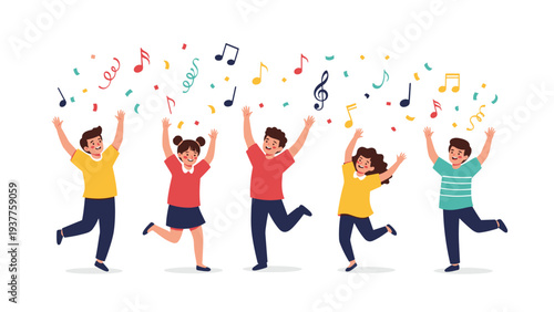 Cheerful group of happy children jumping for joy and dancing surrounded by colorful musical notes and celebratory confetti.