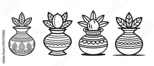 Indian Traditional Kalash Pot Line Art Icons. with Leaves and Coconut, Hindu Auspicious Symbols Vector Set.