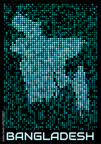 Bangladesh digital dotted map. Shape of the country in cyan color palette on dark background. Futuristic Bangladesh map design. Vector illustration.