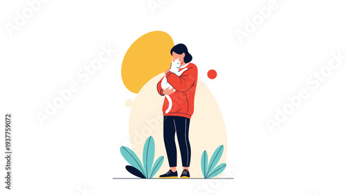 Heartwarming illustration of a woman wearing a red sweater gently hugging her pet white cat against a minimalist background.