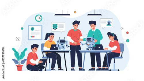 Diverse group of young students works together in a classroom to build and program robots using laptops and tools.