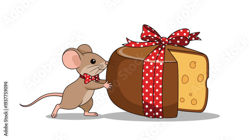 Cute little mouse wearing a red bowtie pushes a large wheel of cheese tied with a polka-dot ribbon as a gift.