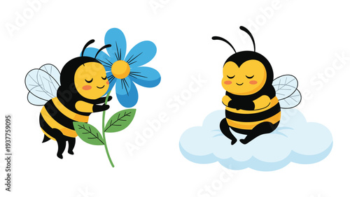 Sweet cartoon bees are shown hugging a large blue flower and meditating peacefully on a soft white cloud in the sky.