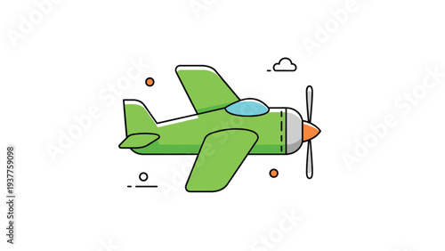 Green cartoon propeller airplane flies through the air with small white clouds and abstract shapes in the background.