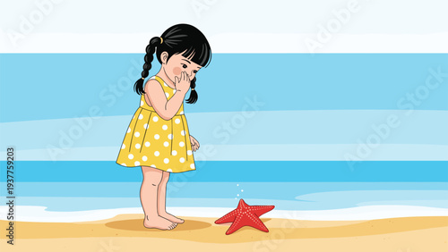 Young girl wearing a yellow polka dot dress looks at a red starfish on the sand with the blue ocean water in the background.