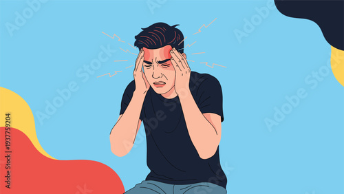 Young man wearing a dark t-shirt suffers from a painful migraine or headache against an abstract colorful and artistic background.