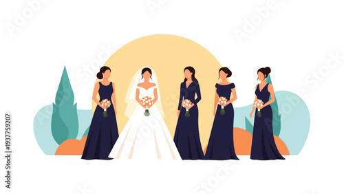 Bride in a traditional white wedding gown stands with her four bridesmaids wearing elegant navy blue dresses outdoors.