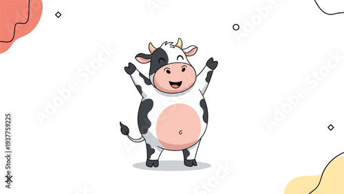 Cheerful black and white cartoon cow character stands with its hooves raised in a joyful expression on a plain white background.