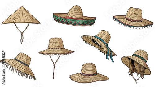 Collection of various traditional straw hats including sombreros and conical sun hats are displayed in a detailed hand-drawn illustration.