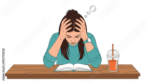 Stressed young woman sits at her wooden desk with a book and drink while holding her head in deep concentration or frustration.