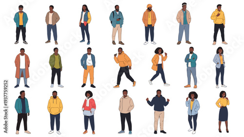 Diverse group of twenty-one men and women of African descent stand in various casual outfits arranged in three neat rows.