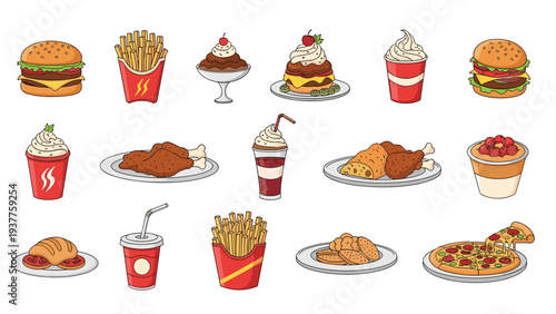 Assortment of classic fast food items like burgers fries and pizza illustrated in a vibrant retro and vintage graphic style.