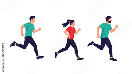 Group of three people including two men and a woman in athletic sports clothing are shown jogging together for health and fitness.