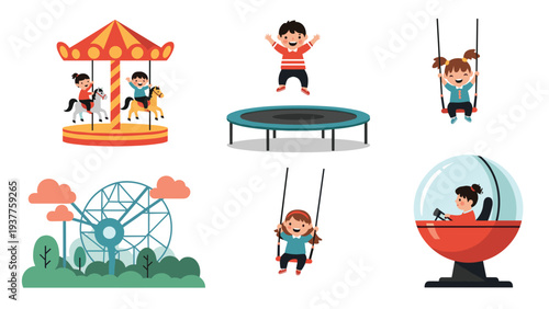 Happy children enjoy various amusement park attractions including a carousel trampoline and swing set on a white background.