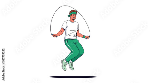 Athletic man in green and white sportswear jumps rope mid-air during an intense cardio workout session on a clean white background.