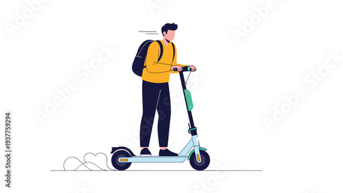 Young male commuter with a black backpack rides a modern light blue electric scooter through a minimalist white background space.
