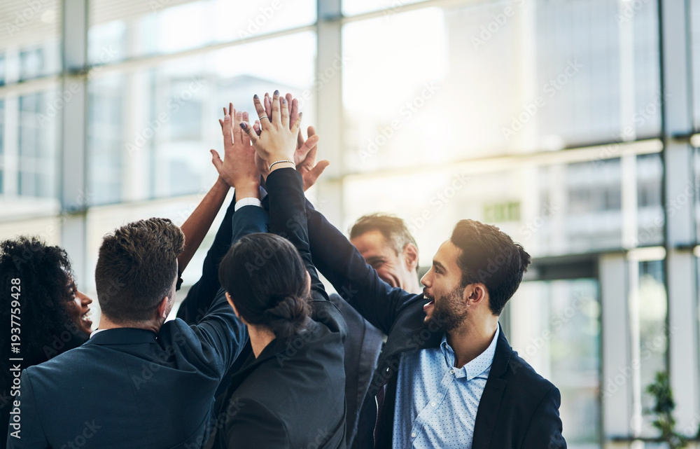 Obraz premium High five, teamwork and business people in office, investor or celebration for investment deal. Flare, group or target with financial advisor, excited or gesture for success, smile or profit increase