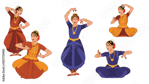 Group of female dancers in vibrant traditional Indian sarees perform classical Bharatanatyam dance poses against a white background.