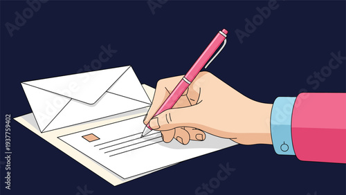 Person wearing a bright pink sleeve is shown from the side as they use a pink pen to write an address on a white envelope.
