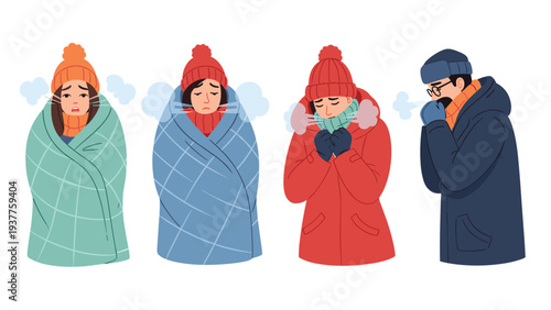 Illustration of four cold people shivering and bundled in heavy winter coats scarves and blankets to keep warm in the winter.