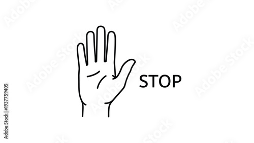 Simple black and white line drawing shows an open human palm facing forward with the word STOP written clearly beside it.