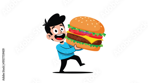 Enthusiastic cartoon boy carries a giant and delicious-looking multi-layered cheeseburger with fresh toppings on a white background.