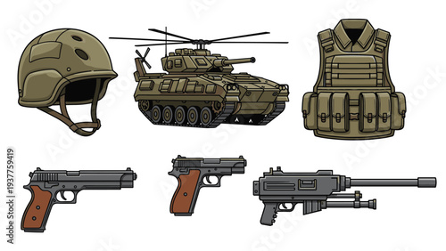 Set of military hardware and equipment features a green tank armored helmet bulletproof vest and various tactical firearms.