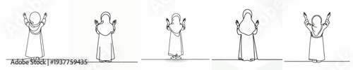 line art of a Muslim little girl standing in prayer gesture back view