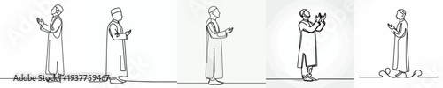 line art of a Muslim standing in prayer gesture side view