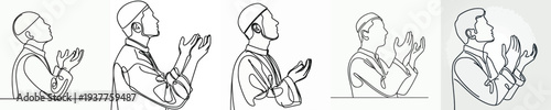 half body line art of a Muslim standing in prayer gesture side view