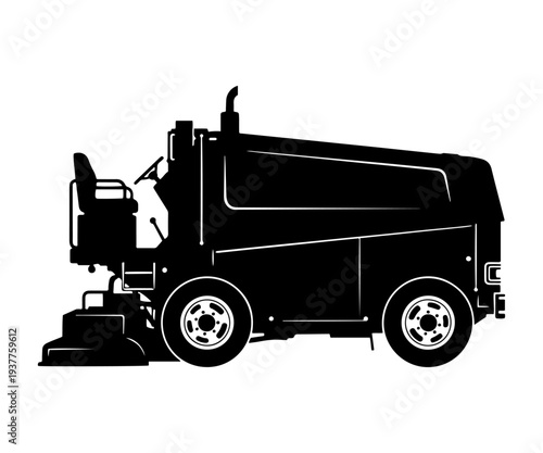 Black silhouette of an industrial street sweeper or ride-on floor scrubber machine. Vector illustration isolated on transparent background.

