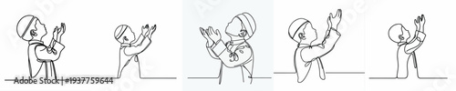 half body line art of a Muslim little boy standing in prayer gesture side view