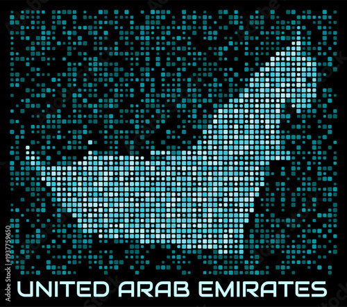 United Arab Emirates digital dotted map. Shape of the country in cyan color palette on dark background. Futuristic United Arab Emirates map design. Vector illustration.