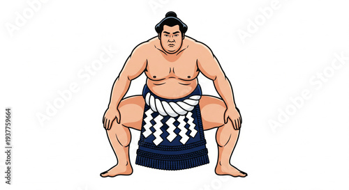 A sumo wrestler in a traditional mawashi stands ready for a match in a sumo ring, viewed from the front.