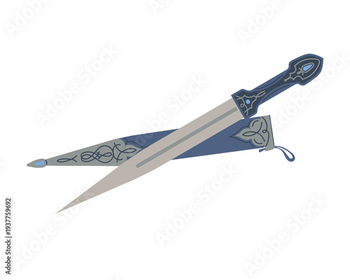 Antique kama dagger with a scabbard and a beautiful pattern, depicted on a white background. Vector dagger. Cold steel, duel, military duel.