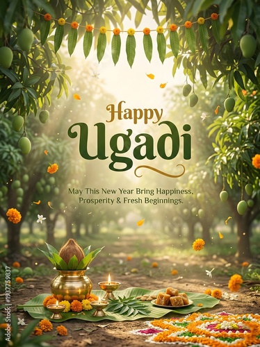 Happy ugadi celebration with mango leaves and flowers in nature