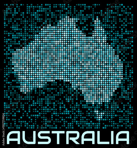 Australia digital dotted map. Shape of the country in cyan color palette on dark background. Futuristic Australia map design. Vector illustration.