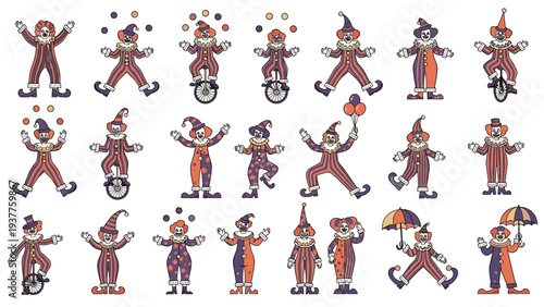 Large collection of pixel art clown characters in various colorful circus costumes performing funny tricks to entertain a crowd.