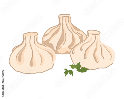 Three khinkali and cilantro leaves on a white background. Vector illustration in flat style. A national dish of Georgia and the Caucasus. A specially twisted dough with a filling.