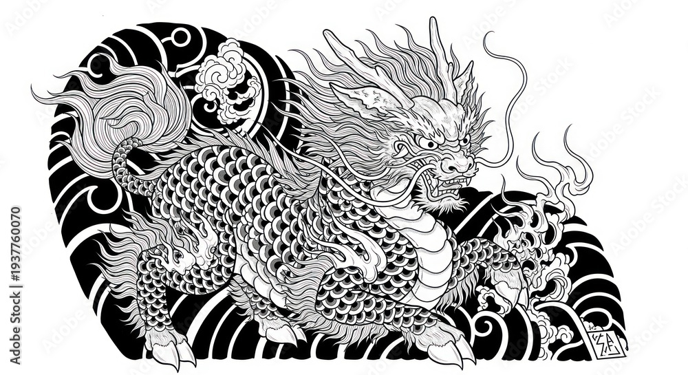 Obraz premium Japanese Dragon Tattoo Design - Black and White