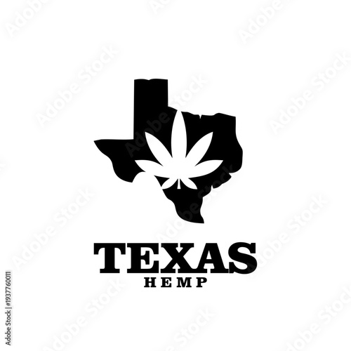 Texas State Map Silhouette with Cannabis Hemp Leaf Logo and Bold Typography