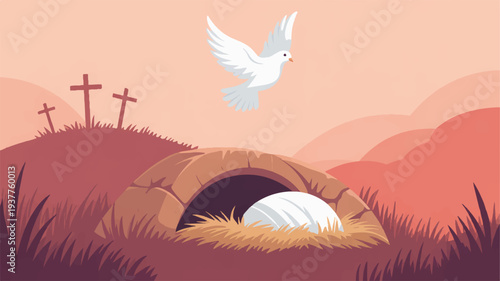 Easter scene with empty tomb white dove flying above crosses on hill serene landscape soft pinkish red hues peaceful atmosphere symbolic resurrection