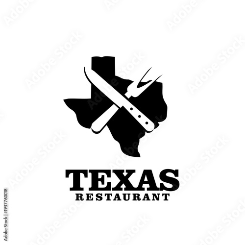 Texas Restaurant Logo with State Map Silhouette and Crossed Carving Cutlery Design