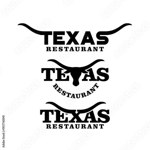 Texas Restaurant Logo Designs featuring Longhorn Bull Horns and Head, Branding Vector Set