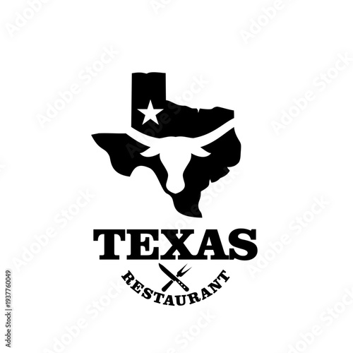 Texas Restaurant Logo Design featuring Longhorn Bull Head, State Map, Star, and Cutlery Symbols