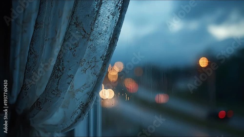 Cozy rainy night view through window with lace curtain and out of focus city traffic lights