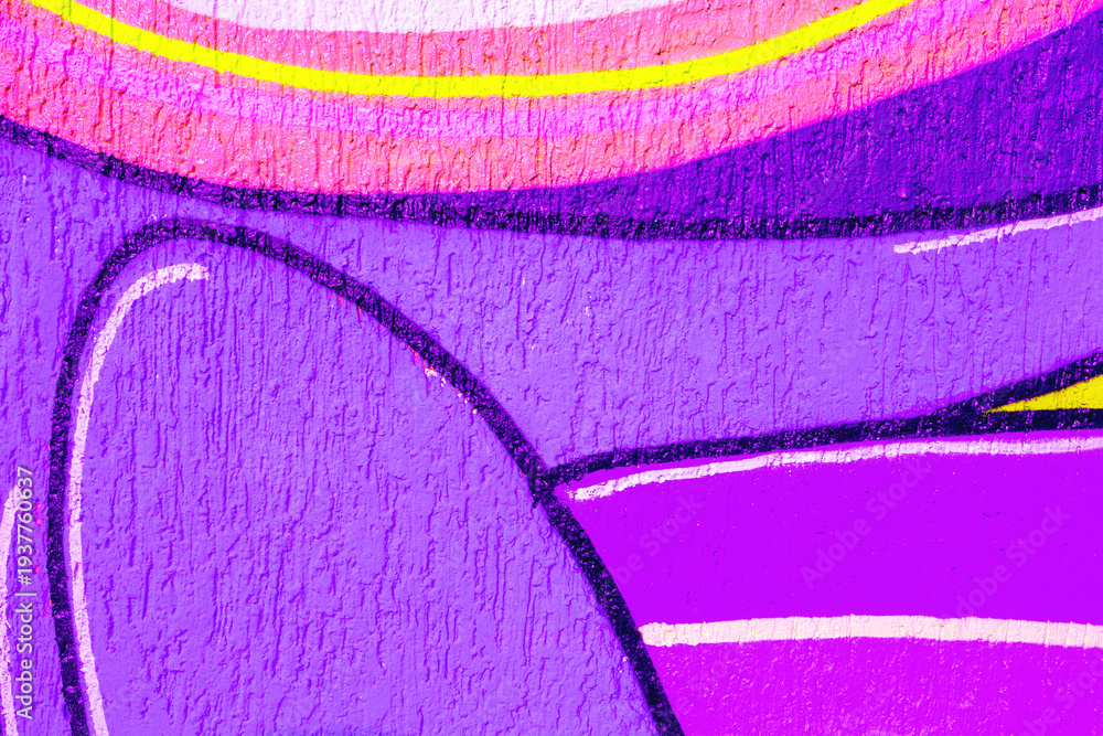 Fototapeta premium Purple urban graffiti street art detail - bright pink, yellow, black lines. Y2K style, grungy texture, bold colors. Poster, background, texture, street style, modern 90s, 2000s, Y2K creative banner.
