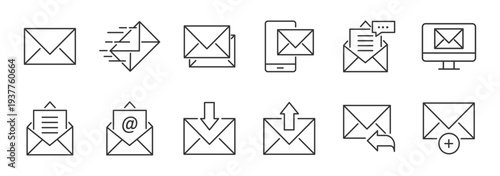 Email Icons Collection%3A A set of six meticulously crafted line icons representing various email-related concepts  perfect for digital design projects.